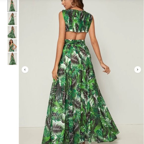 NEW SHEIN Green Tropical Print Neck Cutout Dress - Picture 2 of 9